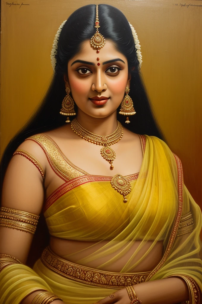 Beautiful painting of a woman in a sari with a necklace and earrings, beautiful thick figure, Thick curvy beauty, looks like Sandeepa Dhar, inspired by Raja Ravi Varma, szukalski ravi varma, portrait of a beautiful goddess, by Raja Ravi Varma, indian goddess, traditional beauty, a stunning portrait of a goddess, inspired by T. K. Padmini, indian art, indian goddess of wealth, portrait of a goddess