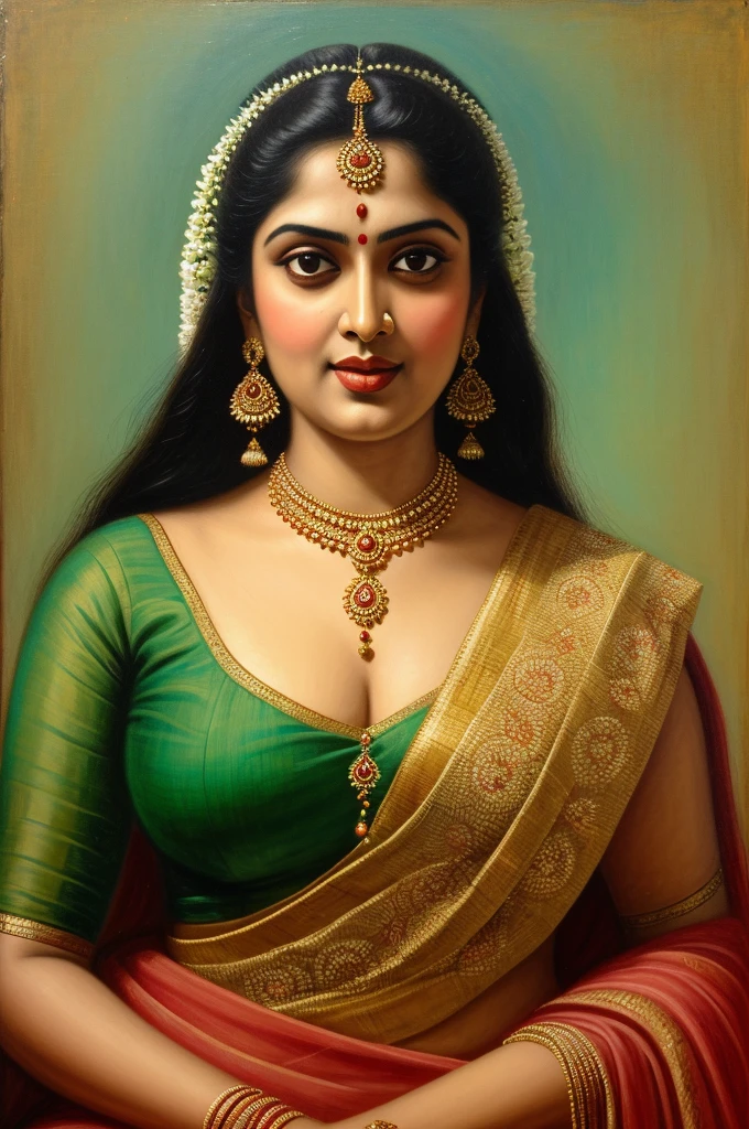 Beautiful painting of a woman in a sari with a necklace and earrings, beautiful thick figure, Thick curvy beauty, looks like Sandeepa Dhar, inspired by Raja Ravi Varma, szukalski ravi varma, portrait of a beautiful goddess, by Raja Ravi Varma, indian goddess, traditional beauty, a stunning portrait of a goddess, inspired by T. K. Padmini, indian art, indian goddess of wealth, portrait of a goddess