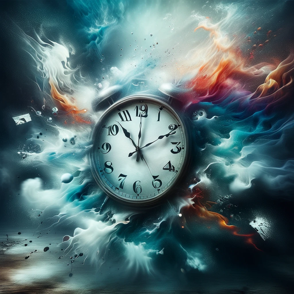 In a surreal dreamscape, clocks melt and warp, echoing the fluidity of time itself.