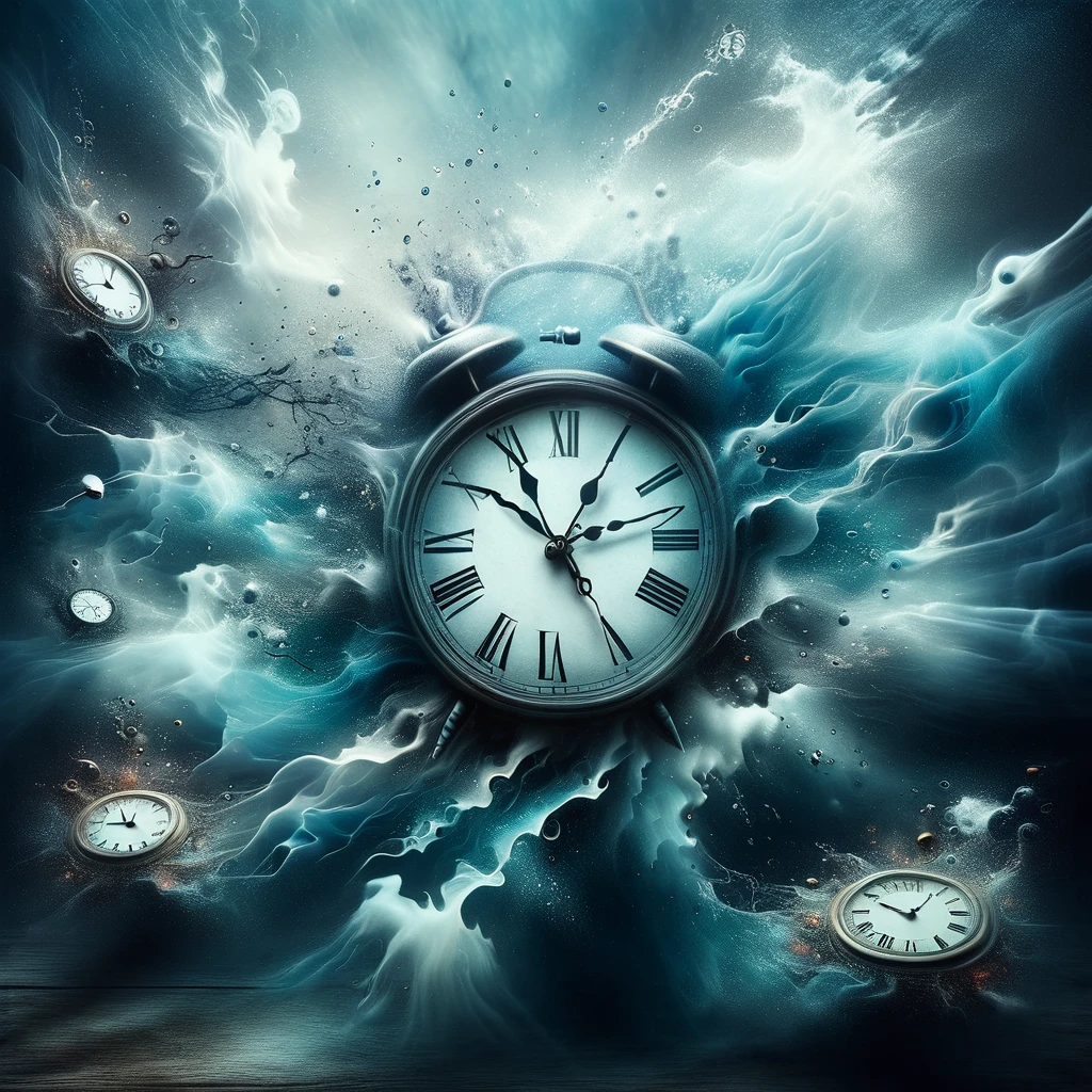In a surreal dreamscape, clocks melt and warp, echoing the fluidity of time itself.