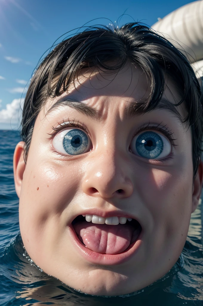 create a big island with a small 3d cartoon style face with a scared and scared face in the middle of the sea