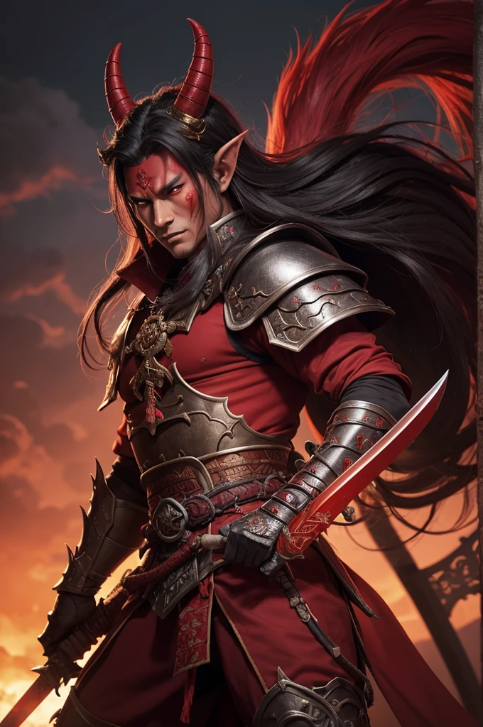 Asian tiefling, D&D, Red skin, Oni, paladin, samurai, colossal sword.