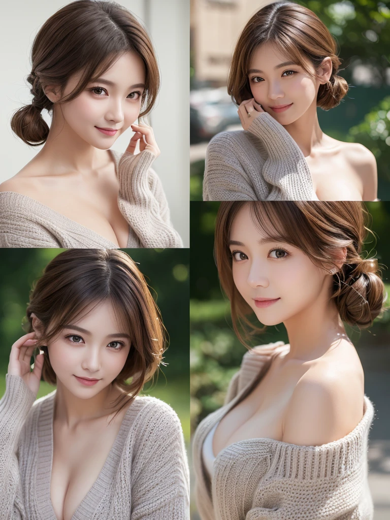 (masterpiece:1.3), (8K, Photorealsitic, Raw photography, Top image quality: 1.4), Japan high school girls、(Random hairstyles:1.2)、cleavage of the breast:1.2、Super Detail Face、Eye of Detail、double eyelid、Bring your chest together、sharp focus:1.2、prety woman:1.4、light brown hair、top-quality、masterpiece、超A high resolution、(Photorealsitic:1.4)、Highly detailed and professional lighting smile、Loose and light knitwear、Shoulder out、slender、serious facial expression、short-haired、Fatal position