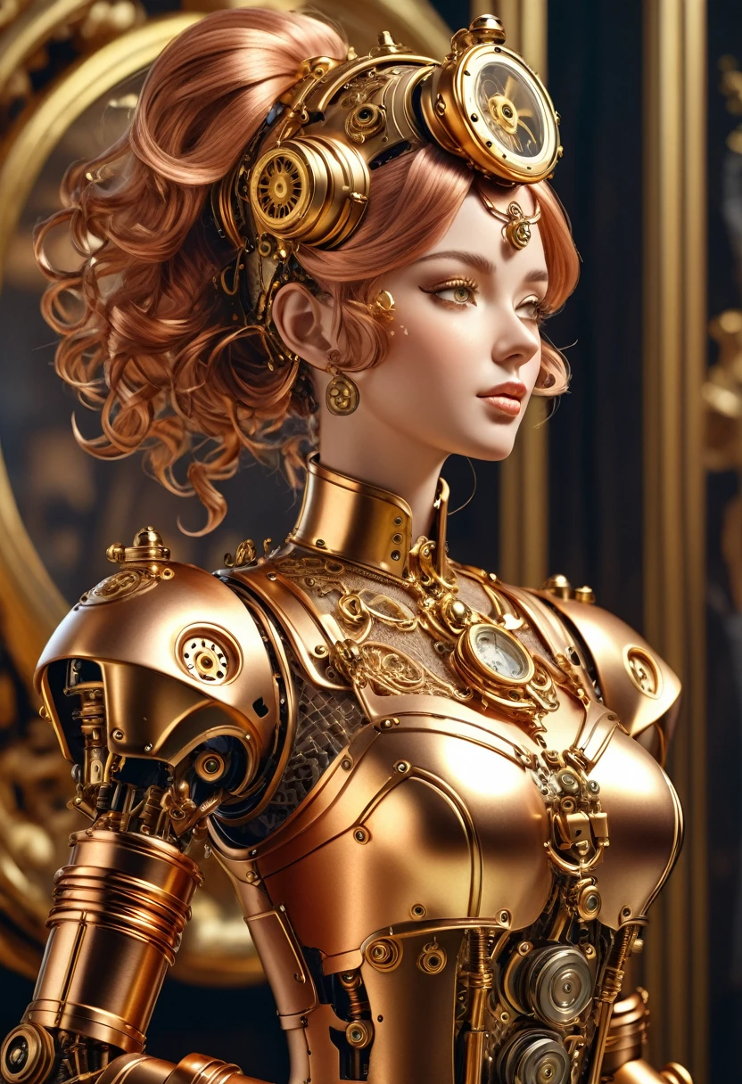 A steam punk style copper robot with a human like bronze face. female figure. Wearing wig of spun gold. Ultra HD, Rococo-Inspired Fantasy Art With Intricate Details. , An-Ideal-Figure. (8K High Resolution) (top-quality)