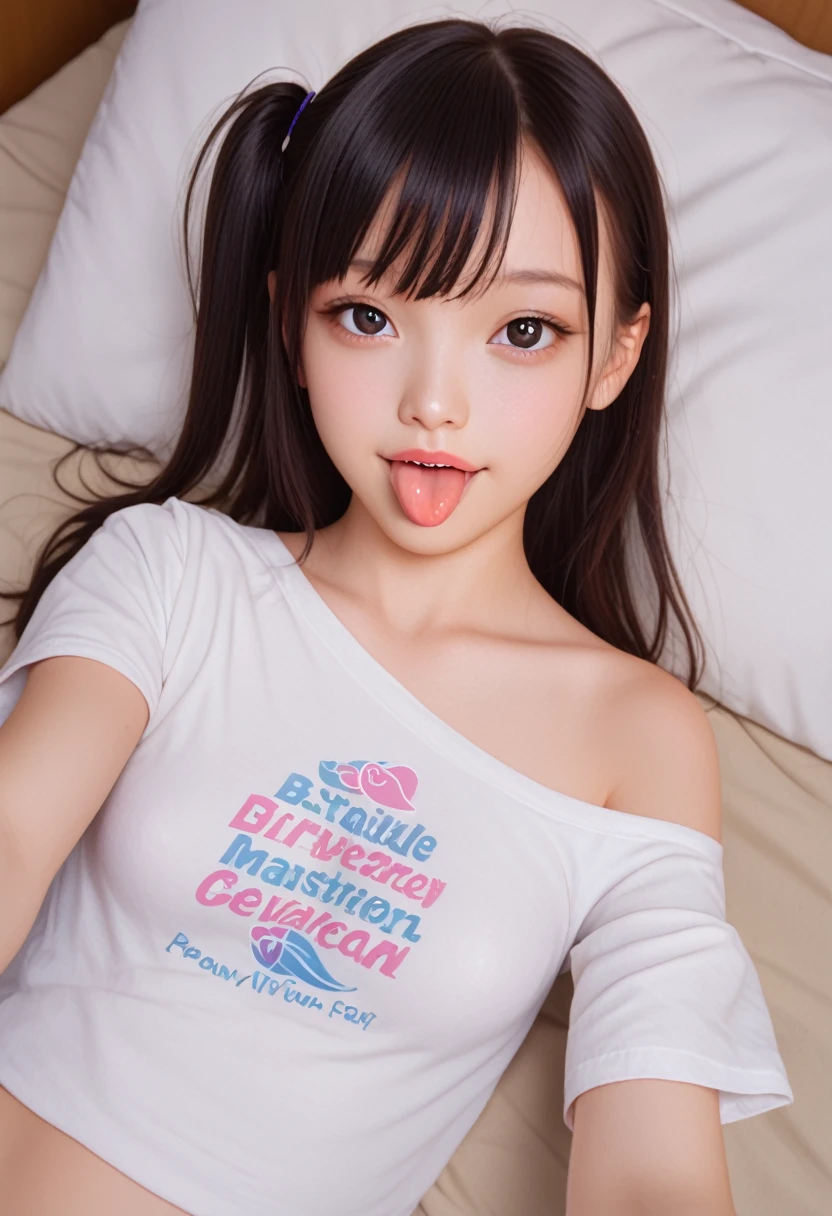 ollarbone,pastel colors t-shirt,off-shoulder look,bare shoulder,midriff peek,micro shorts,open mouth,(tongue out:2),lying,Selfie,looking ahead,from above,front view,cowboy shot,(1girl,Beautiful 14 year old girl),((Slender,Small breasts,Small face,)),looking at viewer,Black Hair,bangs,one side up,Beautiful and detailed,Mischievous smile,Dimly lit room,Simple Background,bed,pillow,best quality
