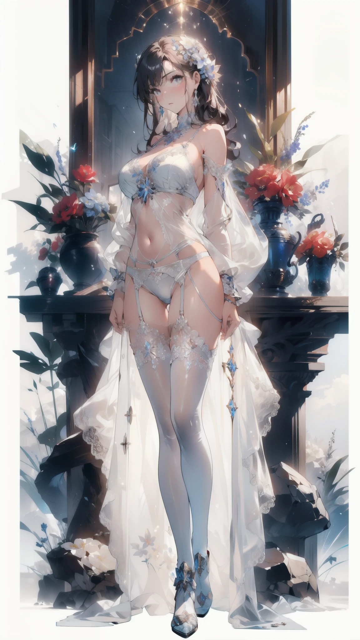 ((masterpiece, best quality)), Epic flower sea atmosphere,Delicate face,model,Desert Loulan,Western Regions style,whole body,Standing picture,glowing white eyes,Large Breasts,Perfect body proportions,Pure white background,firefly,Transparent lingerie,High heel