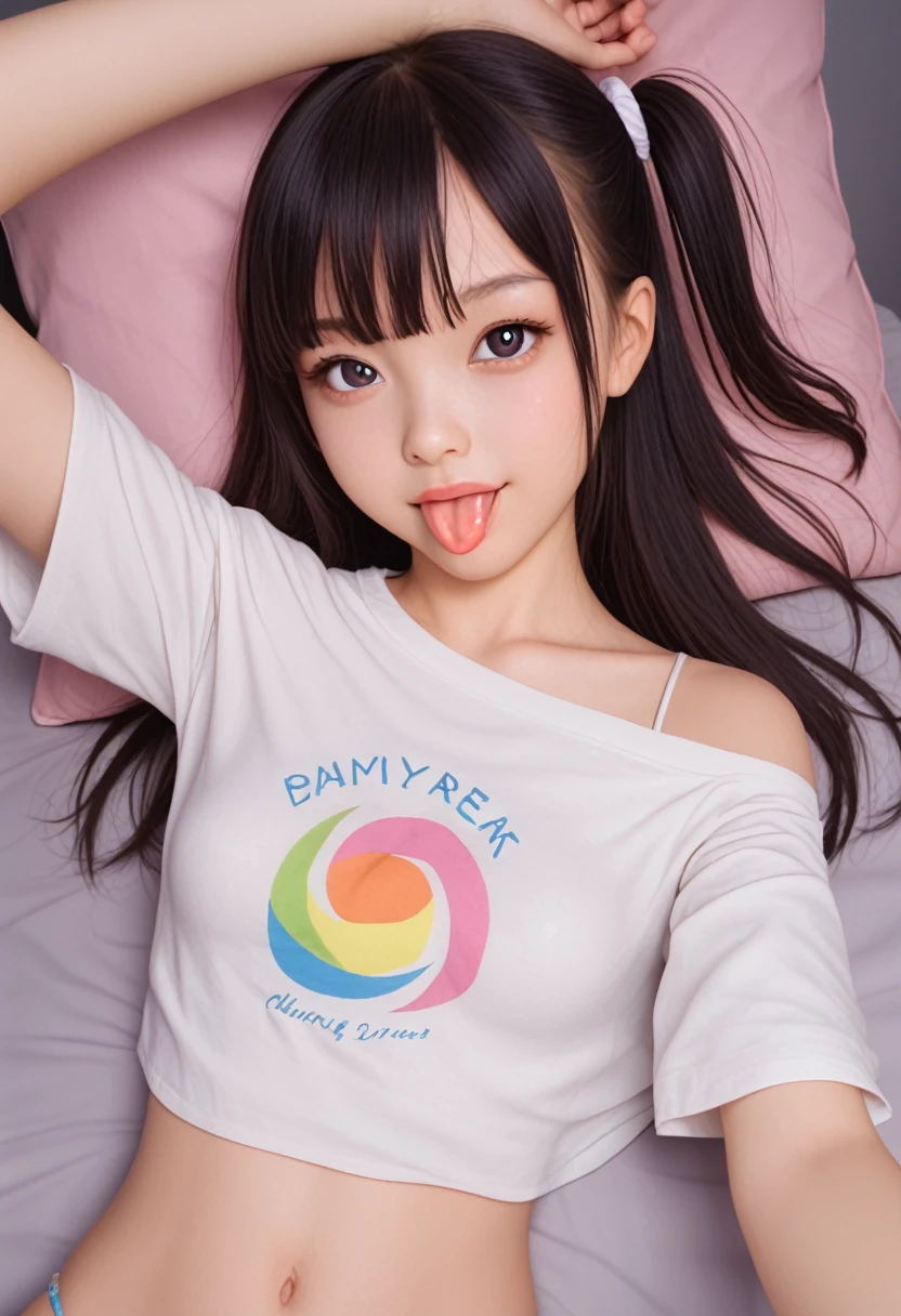 ollarbone,pastel colors t-shirt,off-shoulder look,bare shoulder,midriff peek,string panties,open mouth,(tongue out:2),lying,Selfie,looking ahead,from above,front view,cowboy shot,(1girl,Beautiful 14 year old girl),((Slender,Small breasts,Small face,)),looking at viewer,Black Hair,bangs,one side up,Beautiful and detailed,Mischievous smile,Dimly lit room,Simple Background,bed,pillow,best quality
