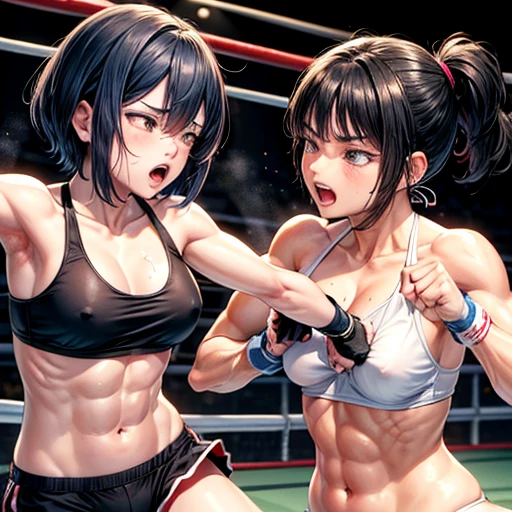 Two injured Japanese female high school mixed martial artists fighting in the ring。Short black hair。Glaring at someone。They are fighting by dynamic punch and kick each other violently. Drooling from the mouth。One eye closed。Serious expression。A fighting expression。Drenched in sweat。A well-trained body。Six Pack Abs。Small breasts。Erect nipples。Upper body naked。Wearing bikini-shorts。Open Finger Gloves。shortness of breath。