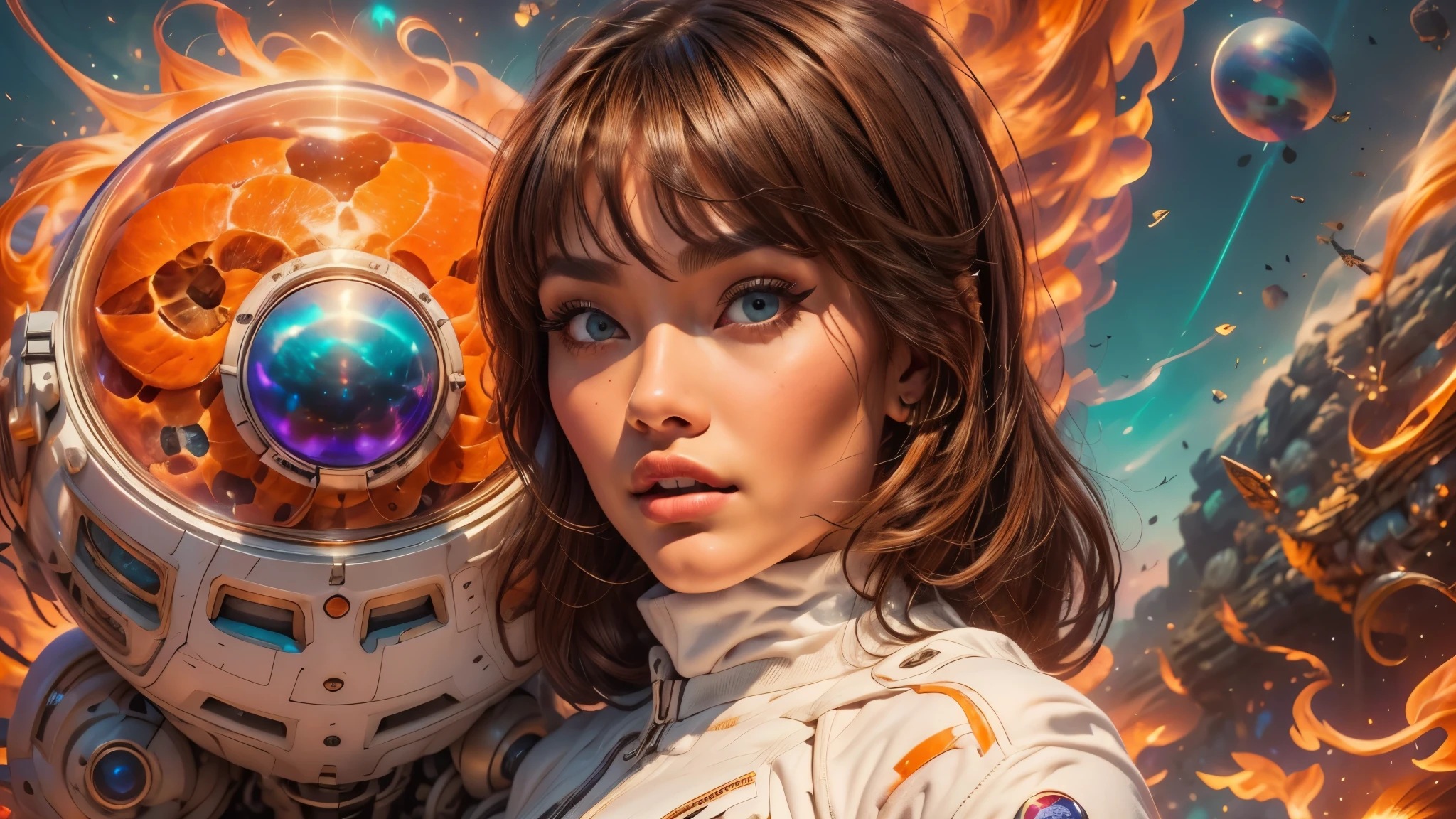 arafed image of a white woman in a futuristic suit with a spaceship in the background, movie art, in front of an orange background, inspired by Robert McGinnis, female protagonist, megastructure in the background, portrait of an ai astronaut, astronauts, an astronaut, portrait of a astronaut skeletor, perfect android girl, Highly Detailed Face and Skin Texture, Detailed Eyes, Double eyelids, perfectly detailed teeth, frank franzzeta and sakimichan  