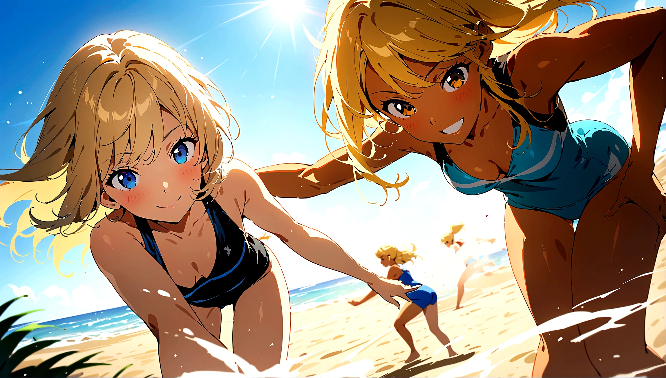 two beautiful girls playing beach volleyball on the sand, blonde hair, tanned skin, athletic body, smiling, dynamic pose, shiny summer day lighting, golden sand, (best quality,4k,8k,highres,masterpiece:1.2),vibrant colors,dynamic composition,dramatic lighting,volumetric fog,shallow depth of field