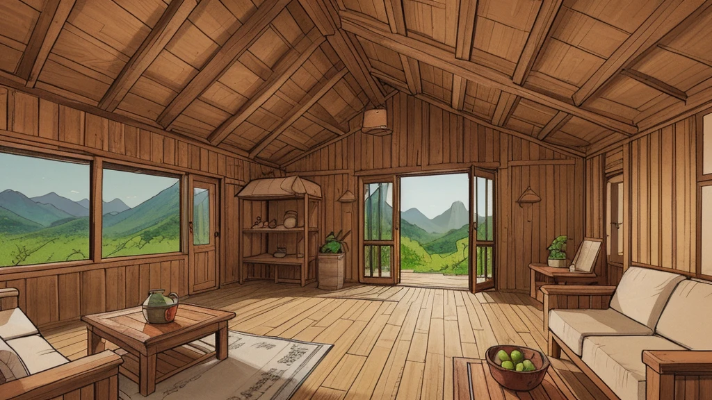 Cartoon style, interior view of a simple Vietnamese wooden empty hut, the background is a wide view of forest and mountains.