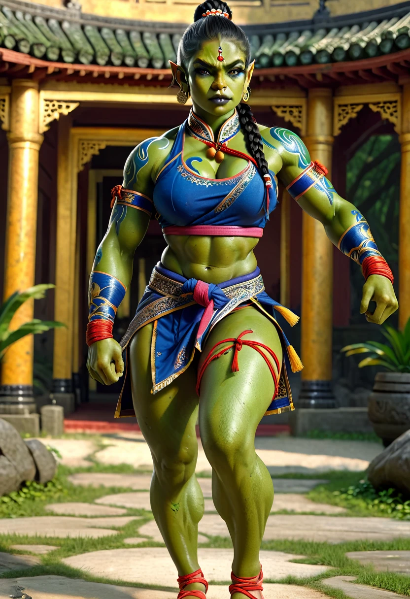 (danahamm:1.08), (style-sylvamagic:0.88), (extremely detailed CG octane render 8k wallpaper), the most beautiful artwork in the world, a Full body shot photo of a sexy solo woman looking at the camera, (nsfw:0.50), full dynamic color, Intricate, High Detail, Sharp focus, dramatic, photorealistic masterpiece painting, modelshoot style, orc women, tusks, green skin, 6 pack, toned, muscles, biceps, pouty lips, long single braid hair with shaved sides, east indian clothing, realistic fabric, colourful bodypaint, large breasts, strong thighs, fierce, perfect skin, detailed skin, muay thai hand wraps and foot wraps, martial artist stance, small tusks, martial artist handwraps,