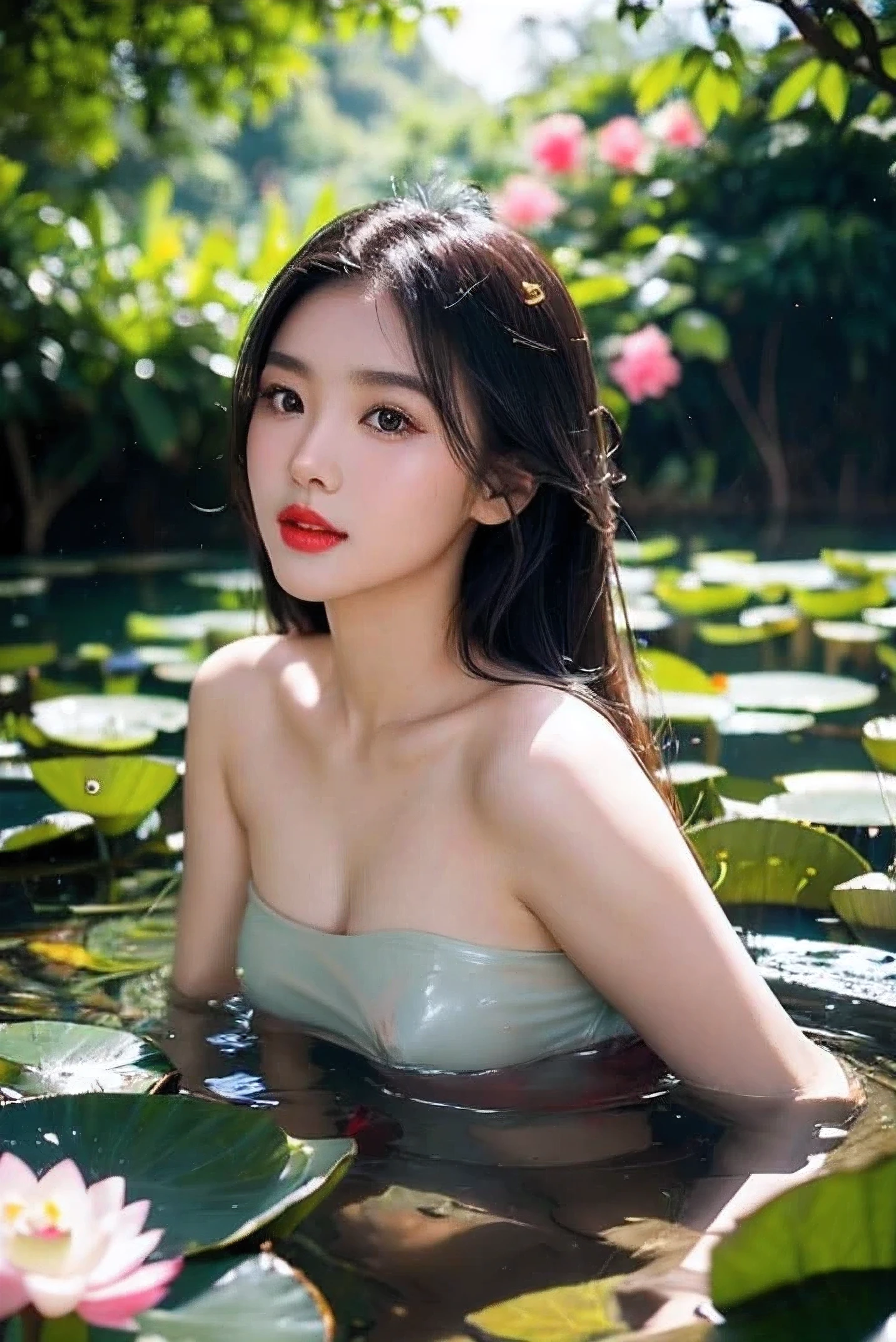 Beautiful Thai girl with a sweet face, 24 years old, is red lips in no clothes and nobody, large breasts, nipple, diving in a lotus pond. Playing in the water chasing big fish in a lotus pond, Tumblr, beautiful and realistic photo taken with a DSLR camera outdoors in natural light.