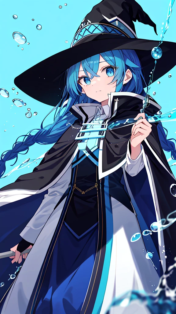 Roxy Migurdia, One girl, bangs, Black tiara, Blue background, blue eyes, Blue Hair, Braiding, 茶色のCape, Cape, close, Floating Hair, Hair between the eyes, Have, Long Hair, Displaying the viewer, Portraiture, alone, Water droplets fall, Witch Hat, ((masterpiece)), Cyan Light, Blue background,Standing upright and gazing at me。