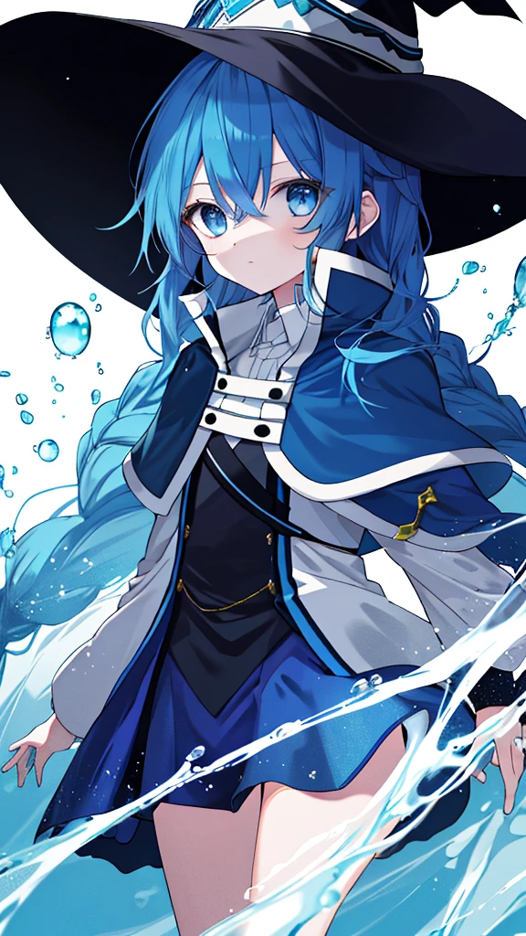 Roxy Migurdia, One girl, bangs, Black tiara, Blue background, blue eyes, Blue Hair, Braiding, 茶色のCape, Cape, close, Floating Hair, Hair between the eyes, Have, Long Hair, Displaying the viewer, Portraiture, alone, Water droplets fall, Witch Hat, ((masterpiece)), Cyan Light, Blue background,Standing upright and gazing at me。