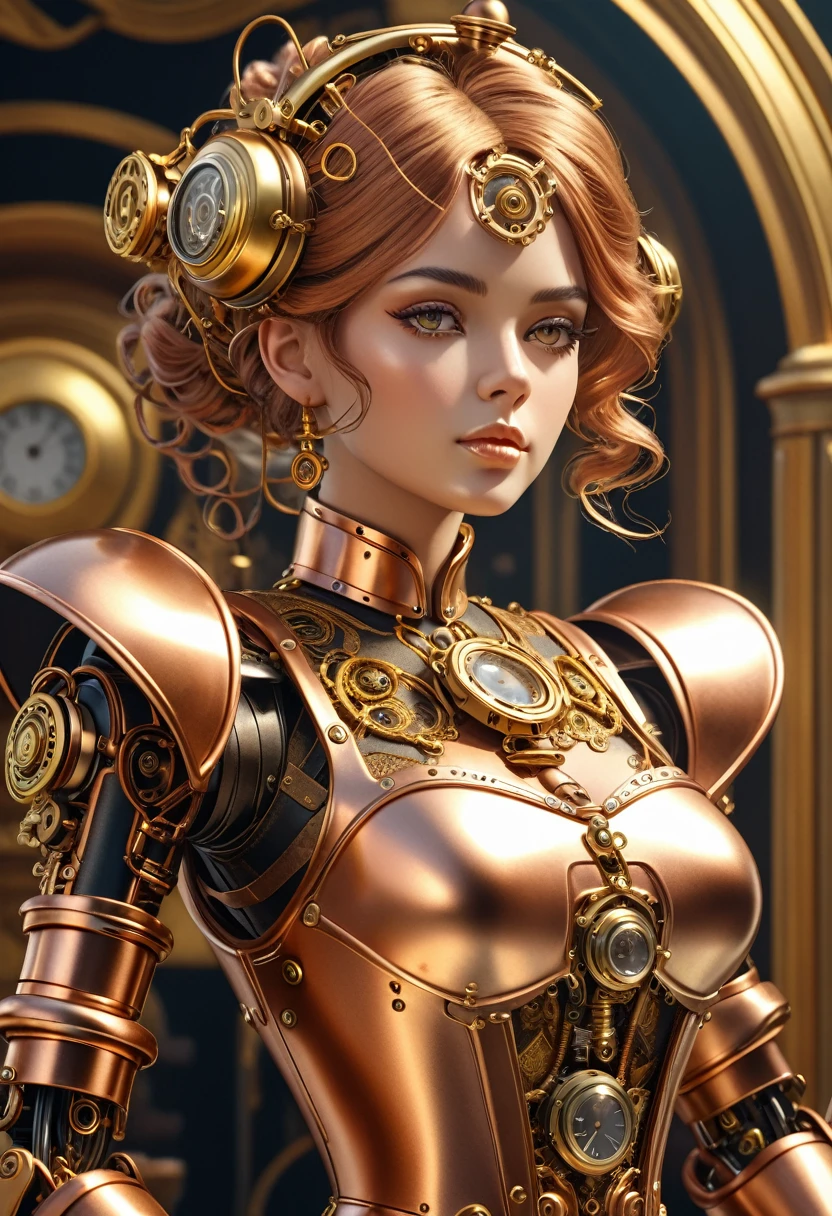 A steam punk style copper robot with a human like bronze face. female figure. Wearing wig of spun gold. Ultra HD, Rococo-Inspired Fantasy Art With Intricate Details. (8K High Resolution) (top-quality)
