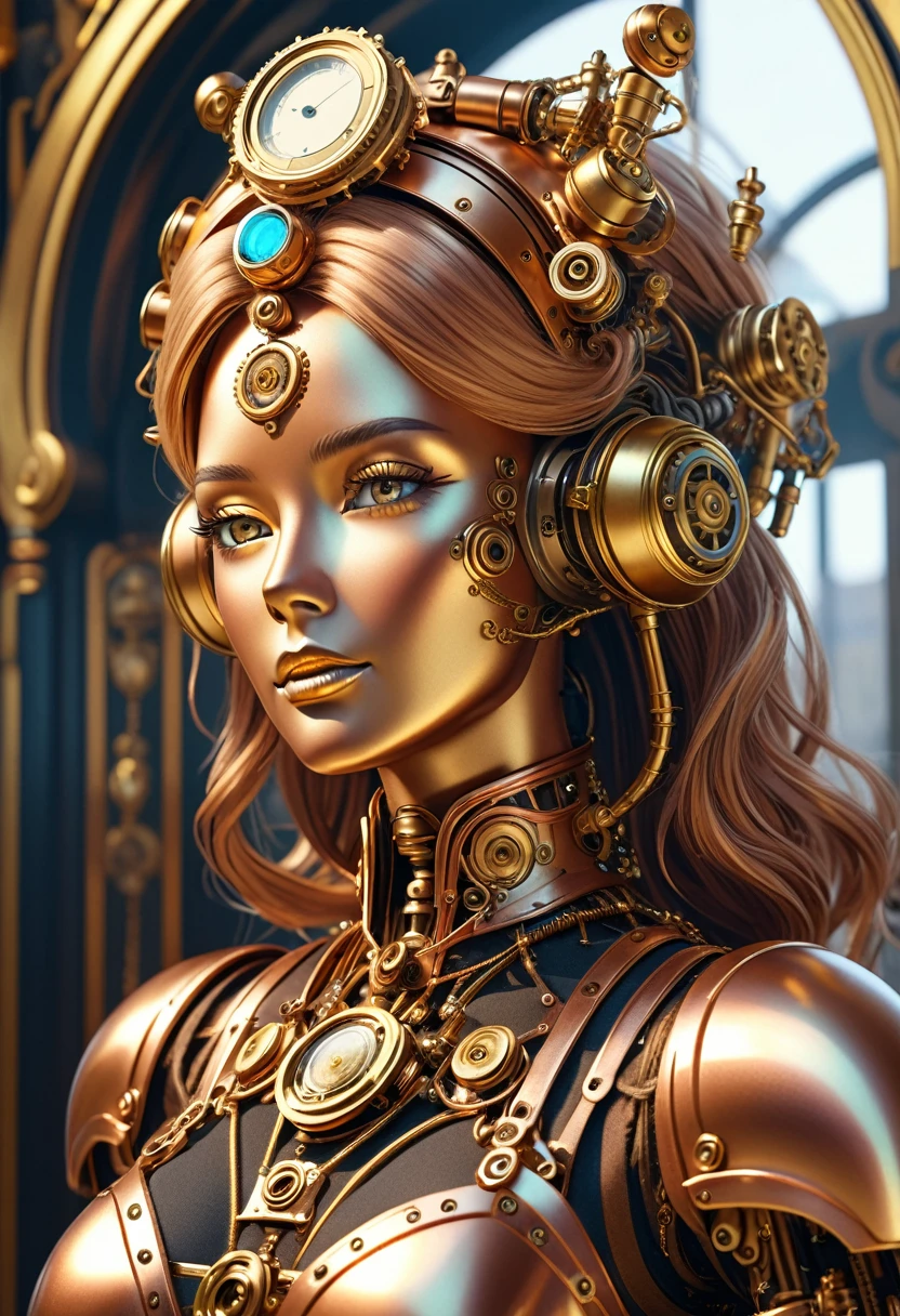 A steam punk style copper robot with a human like bronze face. female figure. Wearing wig of spun gold. Ultra HD, Rococo-Inspired Fantasy Art With Intricate Details. (8K High Resolution) (top-quality)
