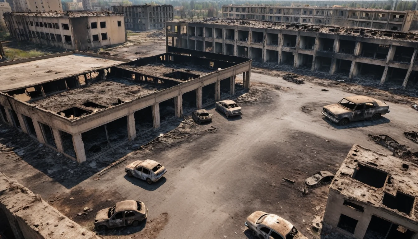 Urban landscape in ruins. The atmosphere is chaotic, there are several buildings destroyed, cars burned by flames, and several bomb holes in the ground. There are several fires. The place looks like a war zone. But there is no one, the place is deserted.