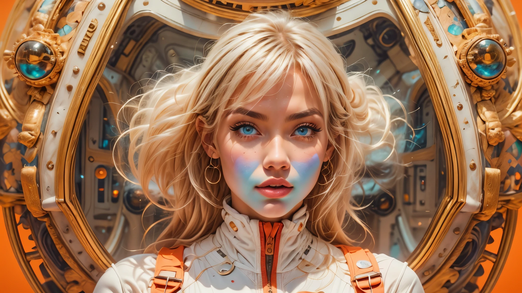 arafed image of a white woman in a futuristic suit with a spaceship in the background, movie art, in front of an orange background, inspired by Robert McGinnis, female protagonist, megastructure in the background, portrait of an ai astronaut, astronauts, an astronaut, portrait of a astronaut skeletor, perfect android girl, Highly Detailed Face and Skin Texture, Detailed Eyes, Double eyelids, perfectly detailed teeth, frank franzzeta and sakimichan  