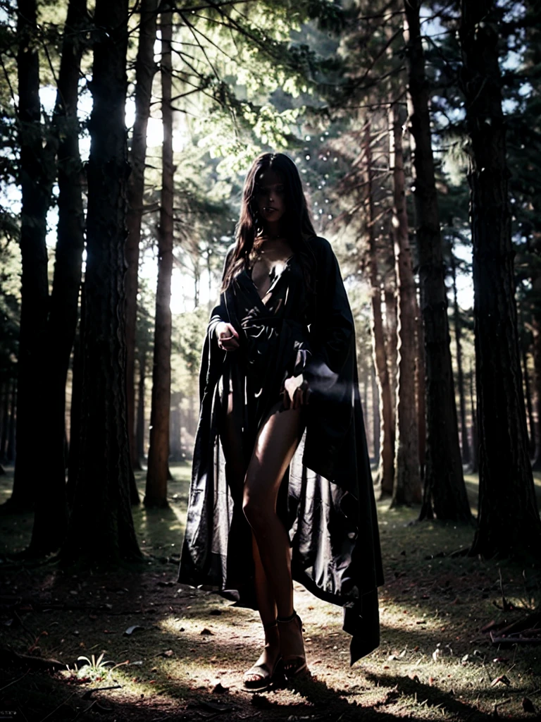 Create an image featuring a ghostly or ethereal figure, shrouded in a flowing robe, standing amidst tall, dark trees. The scene should be captured in black and white, with a strong contrast between light and shadow to enhance the mysterious and haunting atmosphere. The figure should appear almost translucent, with light filtering through the trees, creating an otherworldly glow around it. The overall mood should evoke a sense of calm and wonder, with an underlying hint of ancient wisdom or supernatural presence.
