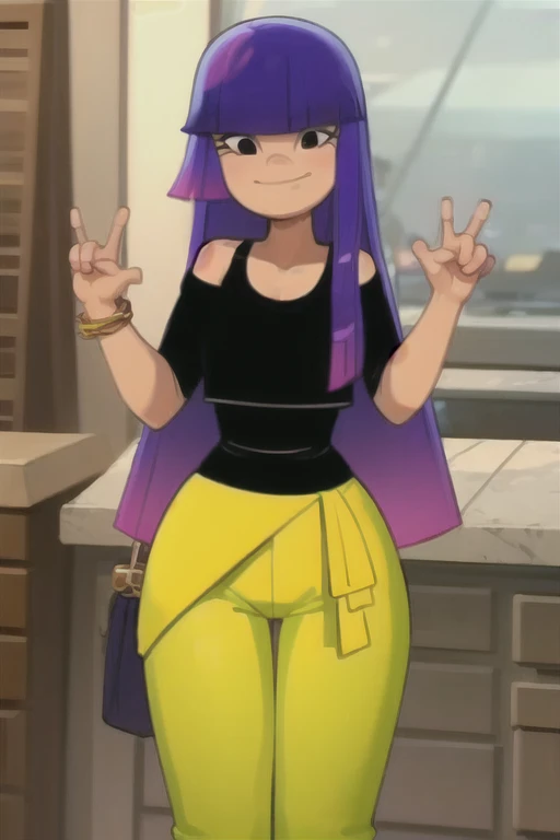 ((masterpiece, best quality)), solo, miko, purple pants, black undershirt, yellow shirt, off shoulder, jacket around waist, smile, wide hips, bracelet, animal print,