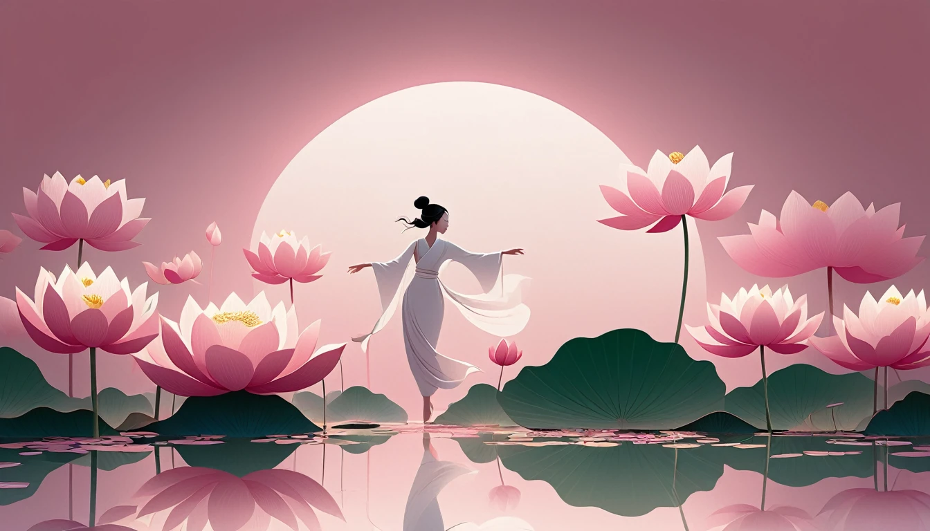 vector,Flat form,illustration,The Minimalists,数字艺术illustration,Pink hue,Abstract,artistic conception,Blooming,Lotus Pond,A lot of white space in the center of the screen;Huge lotus flowers。There is a dancing silhouette in the background;
