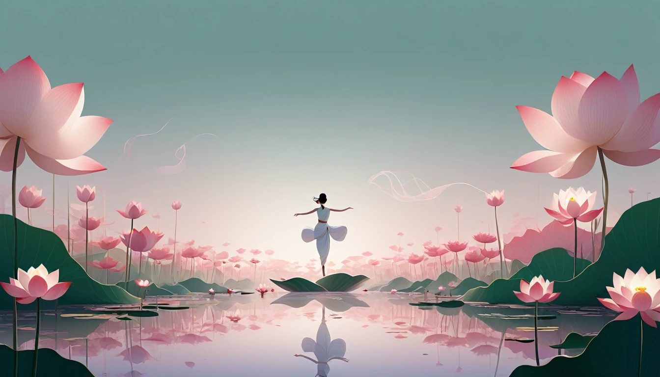 vector,Flat form,illustration,The Minimalists,数字艺术illustration,Pink hue,Abstract,artistic conception,Blooming,Lotus Pond,A lot of white space in the center of the screen;Huge lotus flowers。There is a dancing silhouette in the background;