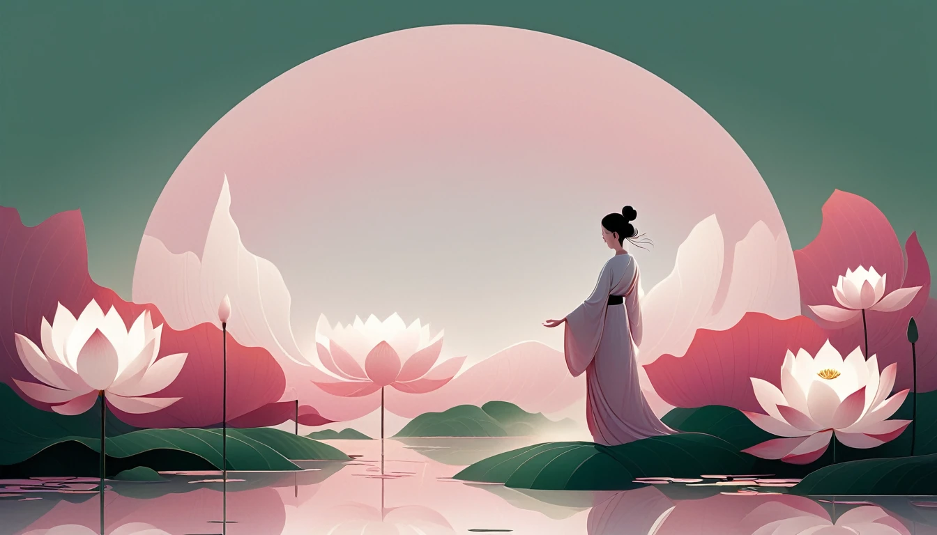 vector,Flat form,illustration,The Minimalists,数字艺术illustration,Pink hue,Abstract,artistic conception,Blooming,Lotus Pond,A lot of white space in the center of the screen;Huge lotus flowers。There is a dancing silhouette in the background;