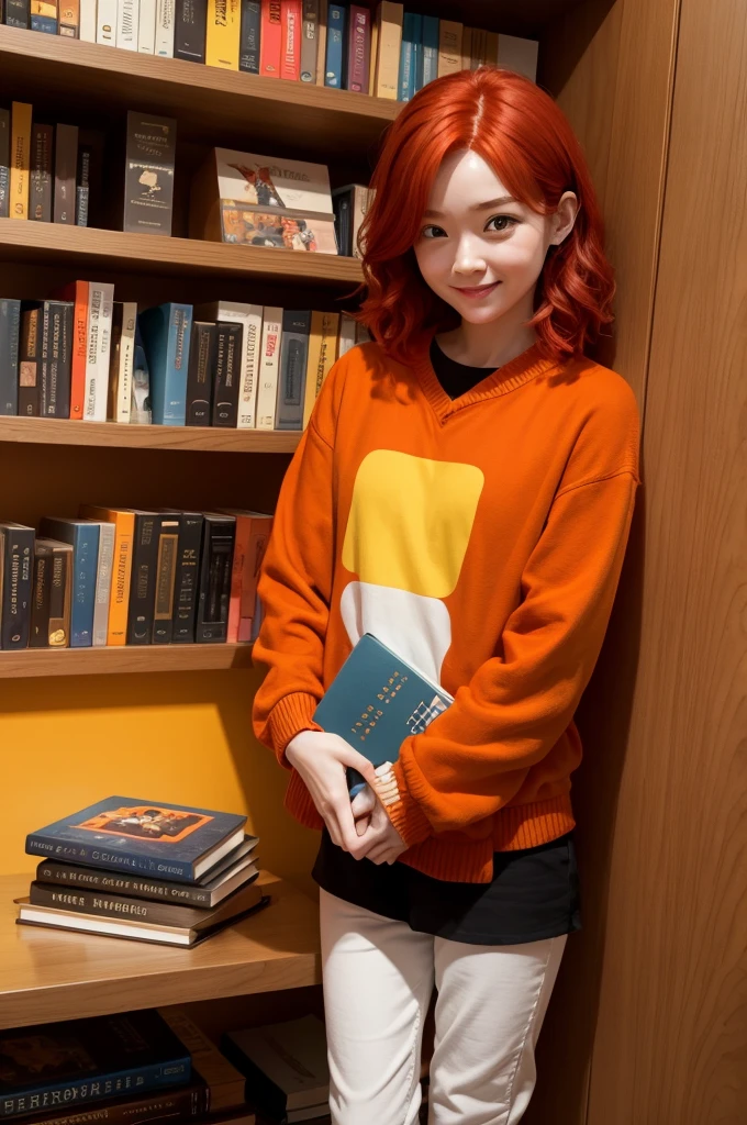 I want a photo of fun emotion from Pixar,red hair and orange skin holding books