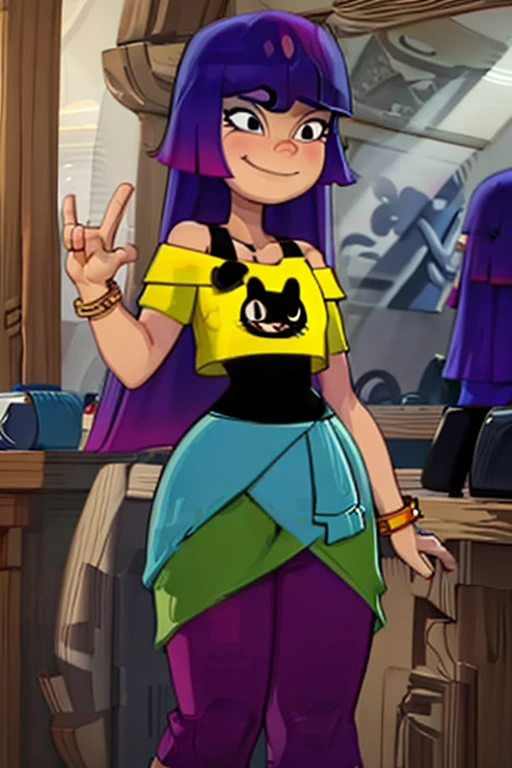 ((masterpiece, best quality)), solo, miko, purple pants, black undershirt, yellow shirt, off shoulder, jacket around waist, smile, wide hips, bracelet, animal print,