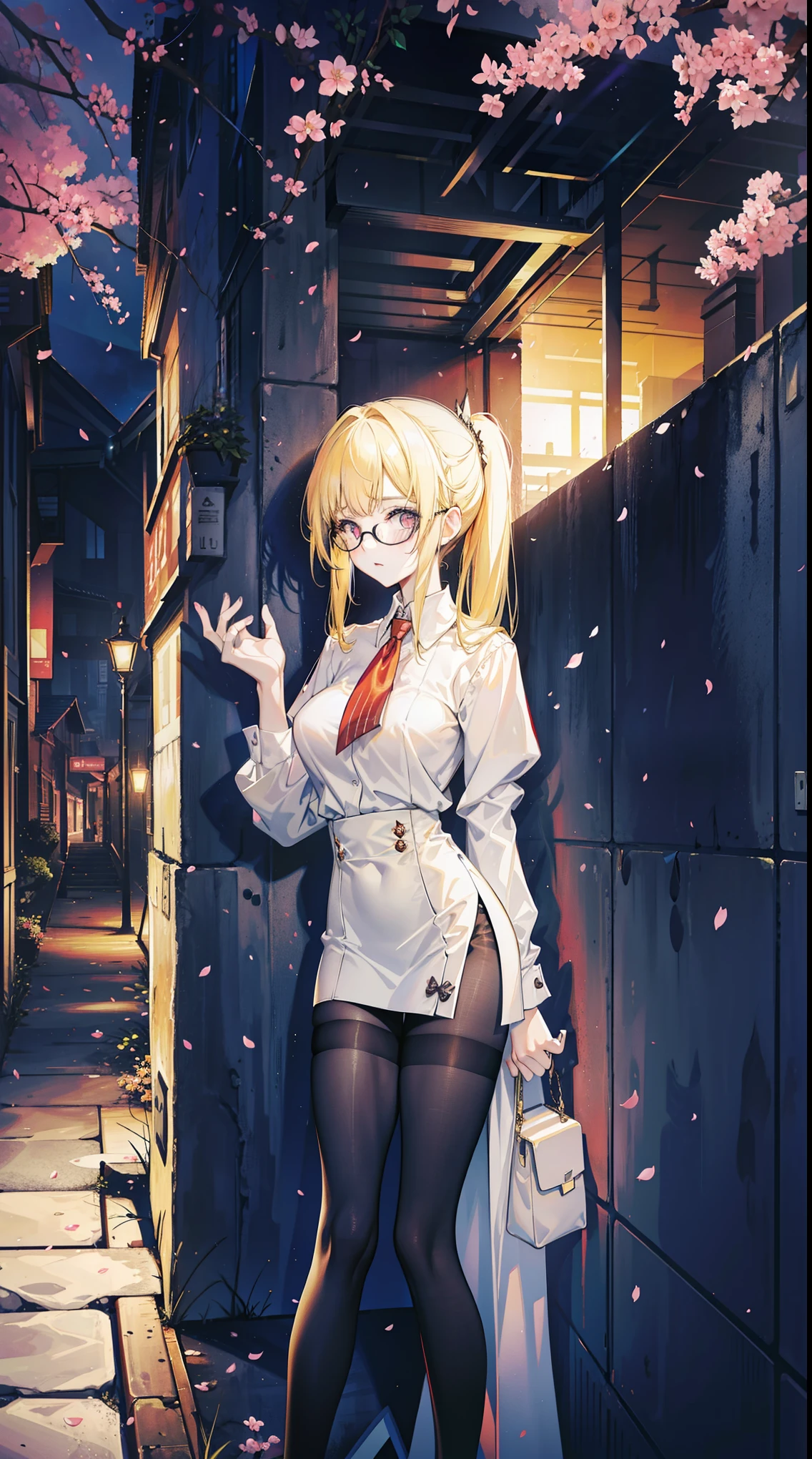 Young and beautiful Kathryn Newton, Glasses, White dress shirt, Very deep neckline, Black Mini Dress, Dark pantyhose, Surreal, 14 years old, Model figure, Large Breasts, Beautiful breasts, Big Ass, Long hair, Ponytail, Blonde hair, Long legs, 8K, futuristic city, Cherry blossoms, sunrise, LED lighting, Anime style, ((Leaning against the wall,Sideways posture))