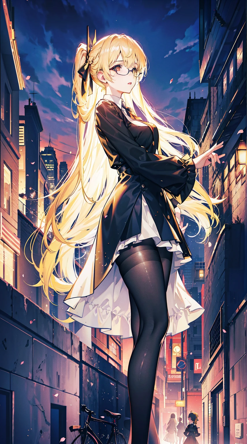 Young and beautiful Kathryn Newton, Glasses, White dress shirt, Very deep neckline, Black Mini Dress, Dark pantyhose, Surreal, 14 years old, Model figure, Large Breasts, Beautiful breasts, Big Ass, Long hair, Ponytail, Blonde hair, Long legs, 8K, futuristic city, Cherry blossoms, sunrise, LED lighting, Anime style, ((Leaning against the wall,Sideways posture))
