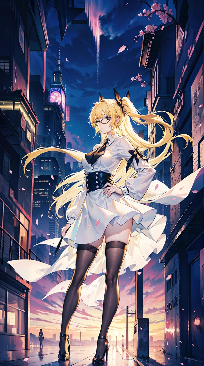 Young and beautiful Kathryn Newton, Glasses, White dress shirt, Very deep neckline, Black Mini Dress, Dark pantyhose, Surreal, , Model figure, Large Breasts, Beautiful breasts, Big Ass, Long hair, Ponytail, Blonde hair, Long legs, 8K, futuristic city, Cherry blossoms, sunrise, LED lighting, Anime style, ((Leaning against the wall,Sideways posture))