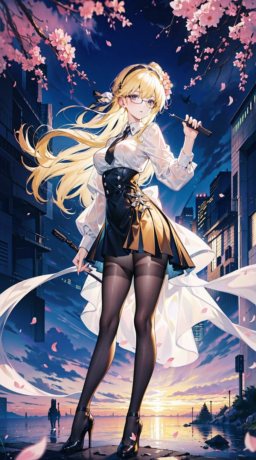 Young and beautiful Kathryn Newton, Glasses, White dress shirt, Very deep neckline, Black Mini Dress, Dark pantyhose, Surreal, 14 years old, Model figure, Large Breasts, Beautiful breasts, Big Ass, Long hair, Ponytail, Blonde hair, Long legs, 8K, futuristic city, Cherry blossoms, sunrise, LED lighting, Anime style, ((Leaning against the wall,Sideways posture))