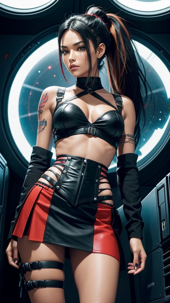 Pitite tan woman,  long raven black hair with vibrant red highlights tied up into a ponytail, tribal tattoos, tight corset top and mini skirt, lazer pistols strapped to both thighs just below the hem of her mini skirt, on a space ship, standing in front of a circular bay window, dark start view from the window 