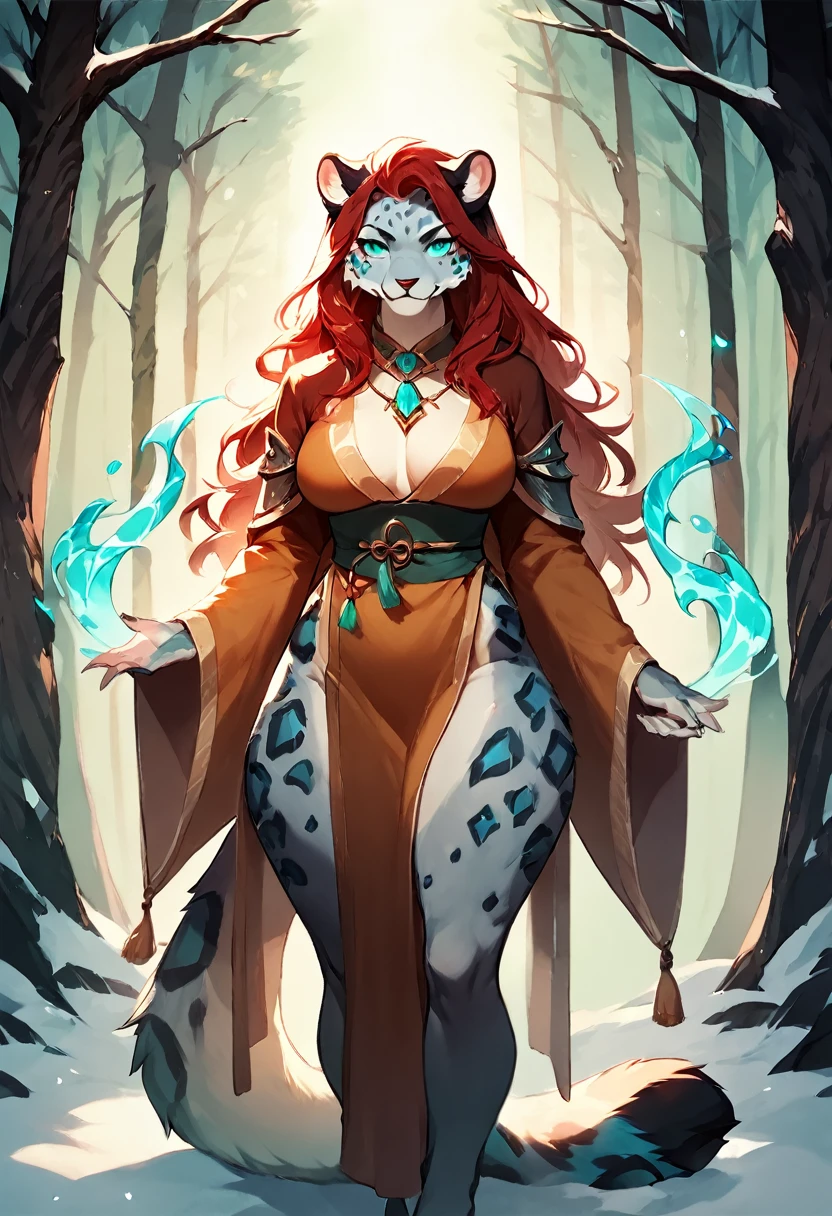 score_9, score_8_up, score_7_up, score_6_up, score_5_up, score_4_up, (solo), female anthro Snow leopard, wearing a mage robe, lusty, fluffy body, long dark red hair, turquoise eyes, (thick thighs:1.3) (she is standing)