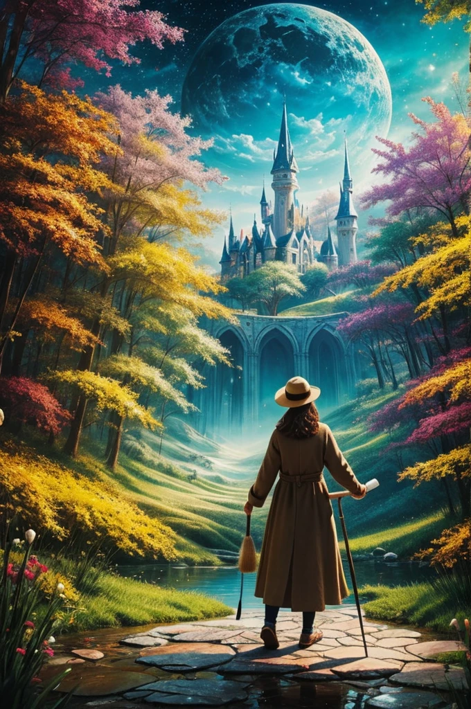 Artist woman with brush in her hand creating a magical world
