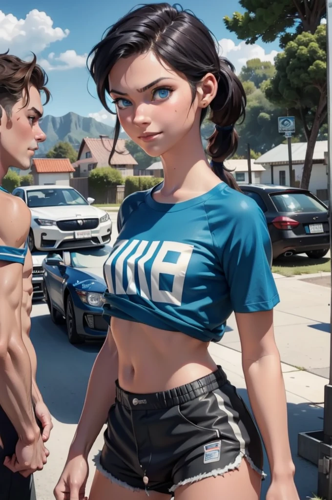 12-year-old boy, small breast, INTENSE BLUE EYES, t-shirt, short tight shorts, seductive smile, Dirty skin, super skinny, very detailed, detailed face, medium hair, dynamic camera, long torso, tanned skin, simulators, pony tail, CINEMATIC, PHOTOREAL, 16K, UHD, femboy