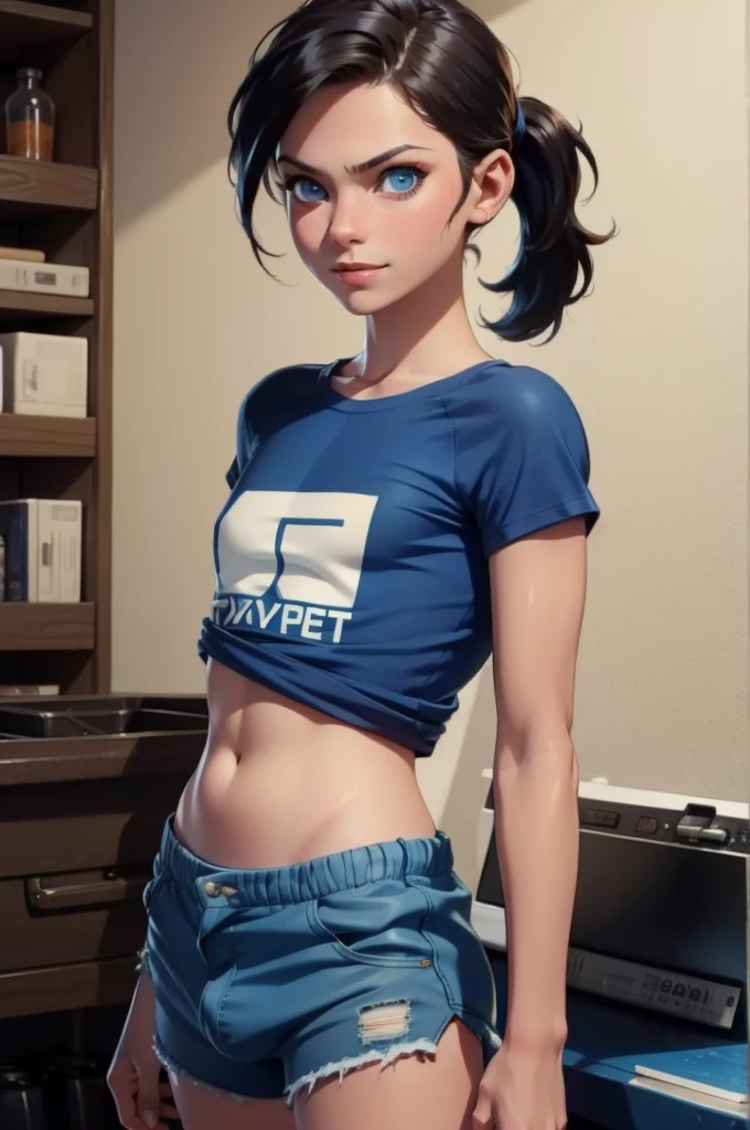 12-year-old boy, small breast, INTENSE BLUE EYES, t-shirt, short tight shorts, seductive smile, Dirty skin, super skinny, very detailed, detailed face, medium hair, dynamic camera, long torso, tanned skin, simulators, pony tail, CINEMATIC, PHOTOREAL, 16K, UHD, femboy