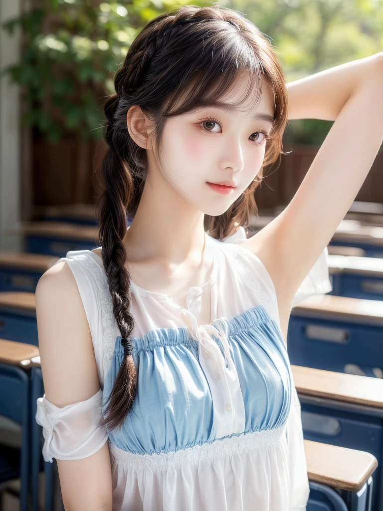 best quality,Reality, intricate detail face,1 Girl,Korean,Detailed fabric texture,School,classroom,18 years old,Upper Body,(Show your armpits,Braids,Single ponytail:1.5),Looking at the camera,