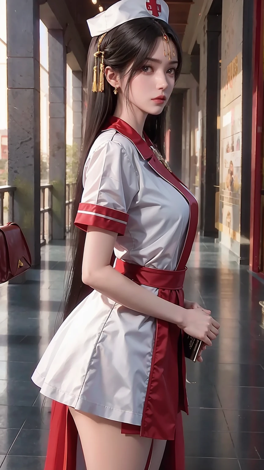 Reality, high resolution, 1 female, Solitary, Hips up, Look at the audience, (Delicate face), black hair, Long hair, Nurse uniform, stocking