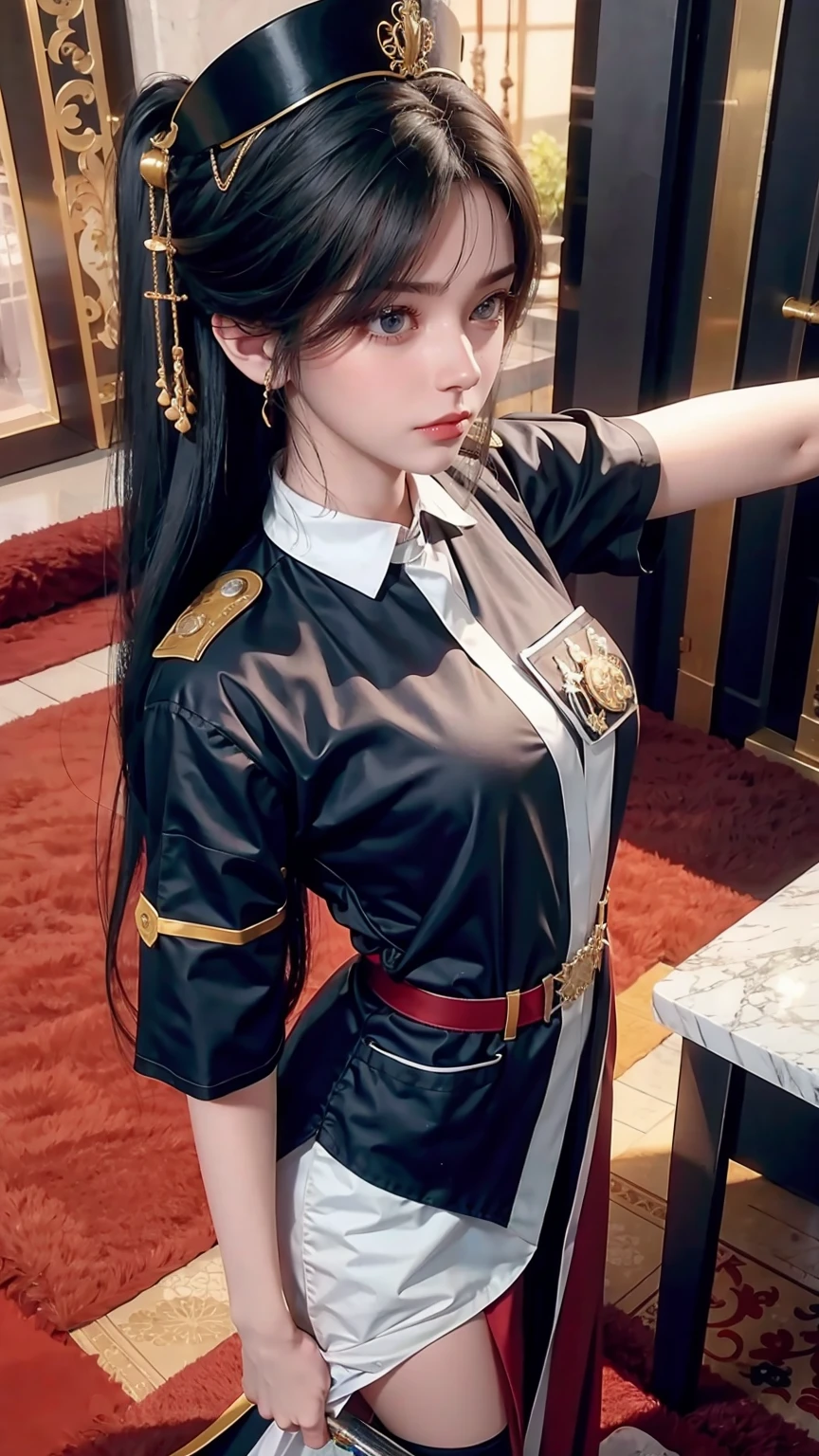 Reality, high resolution, 1 female, Solitary, Hips up, Look at the audience, (Delicate face), black hair, Long hair, Nurse uniform, stocking