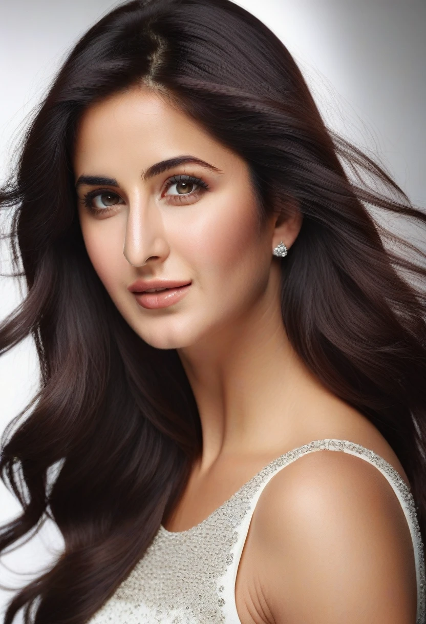 glamor headshot photo of a 35_year old katrina kaif woman, studio quality, subsurface scattering, canon 5D, realistic skin texture, skindentation, flat white background,
 