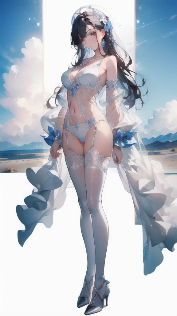 ((masterpiece, best quality)), Epic flower sea atmosphere,Delicate face,model,desert,Loulan in the Western Regions,whole body,Standing picture,glowing white eyes,Large ,Perfect body proportions,Pure white background,firefly,Transparent sexy lirie,High heel