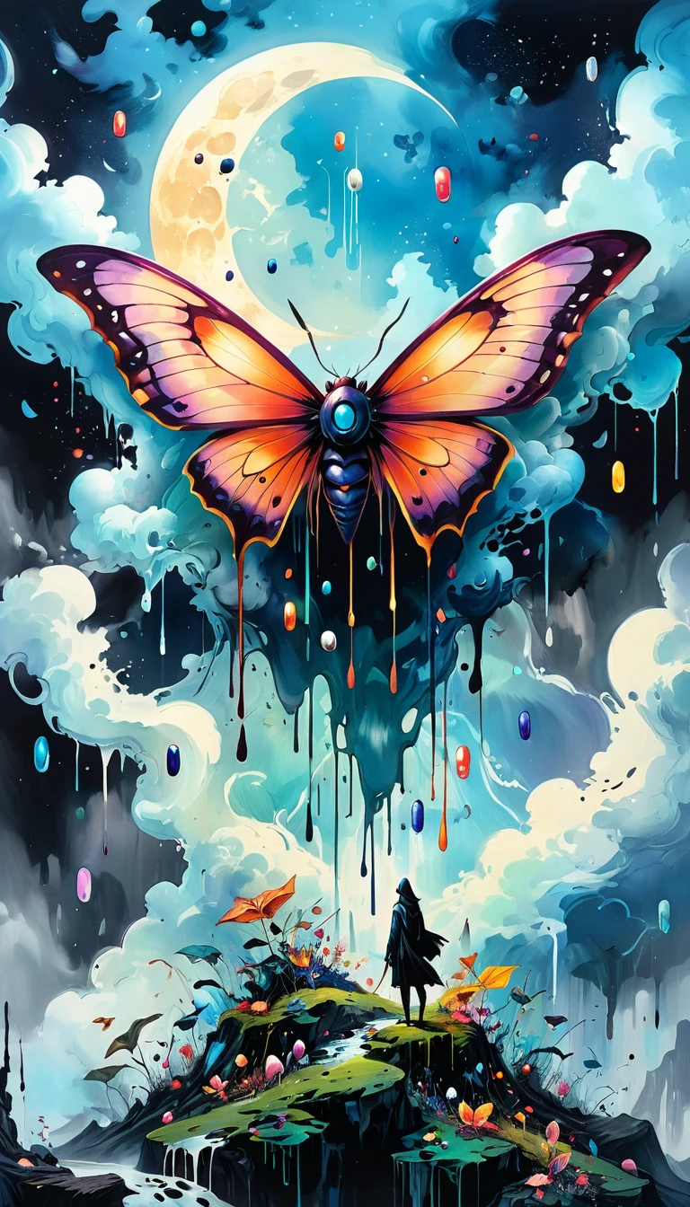 high resolution, high quality , masterpiece .Surrealist ink painting，Colorful, Elements of absurdity and depravity,Ross Chen (ross tran) style of，以燃烧的纸币For reference，Robbie Dewi Antono (Roby Dwi Antono) For reference, ,Moth,Target, mistake, Ghostly Entity Rises Into Neo-Traditional Ink-Dripping Sky, The chiaroscuro lighting enhances the symbolism of death,pill, A moon adorned with eyes that exude breath,Atmosphere. Dark horror style, Disturbing, Crazy Art Conspiracy,inauspicious.