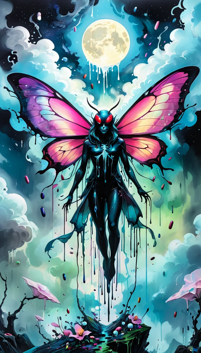 high resolution, high quality , masterpiece .Surrealist ink painting,Colorful, Elements of absurdity and depravity,Ross Chen (ross tran) style of,以燃烧的纸币For reference,Robbie Dewi Antono (Roby Dwi Antono) For reference, ,Moth,Target, mistake, Ghostly Entity Rises Into Neo-Traditional Ink-Dripping Sky, The chiaroscuro lighting enhances the symbolism of death,pill, A moon adorned with eyes that exude breath,Atmosphere. Dark horror style, Disturbing, Crazy Art Conspiracy,inauspicious.