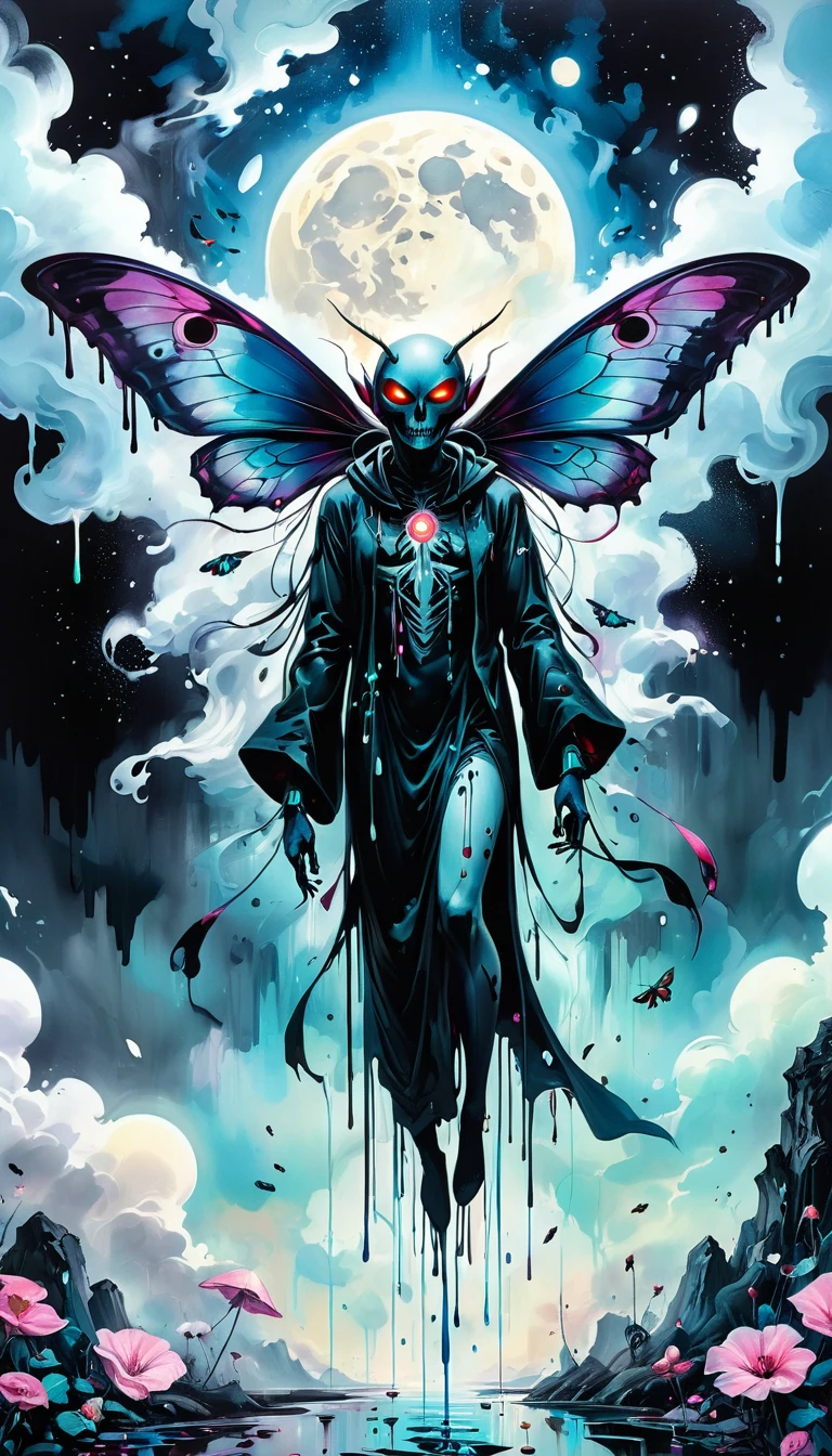 high resolution, high quality , masterpiece .Surrealist ink painting,Colorful, Elements of absurdity and depravity,Ross Chen (ross tran) style of,以燃烧的纸币For reference,Robbie Dewi Antono (Roby Dwi Antono) For reference, ,Moth,Target, mistake, Ghostly Entity Rises Into Neo-Traditional Ink-Dripping Sky, The chiaroscuro lighting enhances the symbolism of death,pill, A moon adorned with eyes that exude breath,Atmosphere. Dark horror style, Disturbing, Crazy Art Conspiracy,inauspicious.
