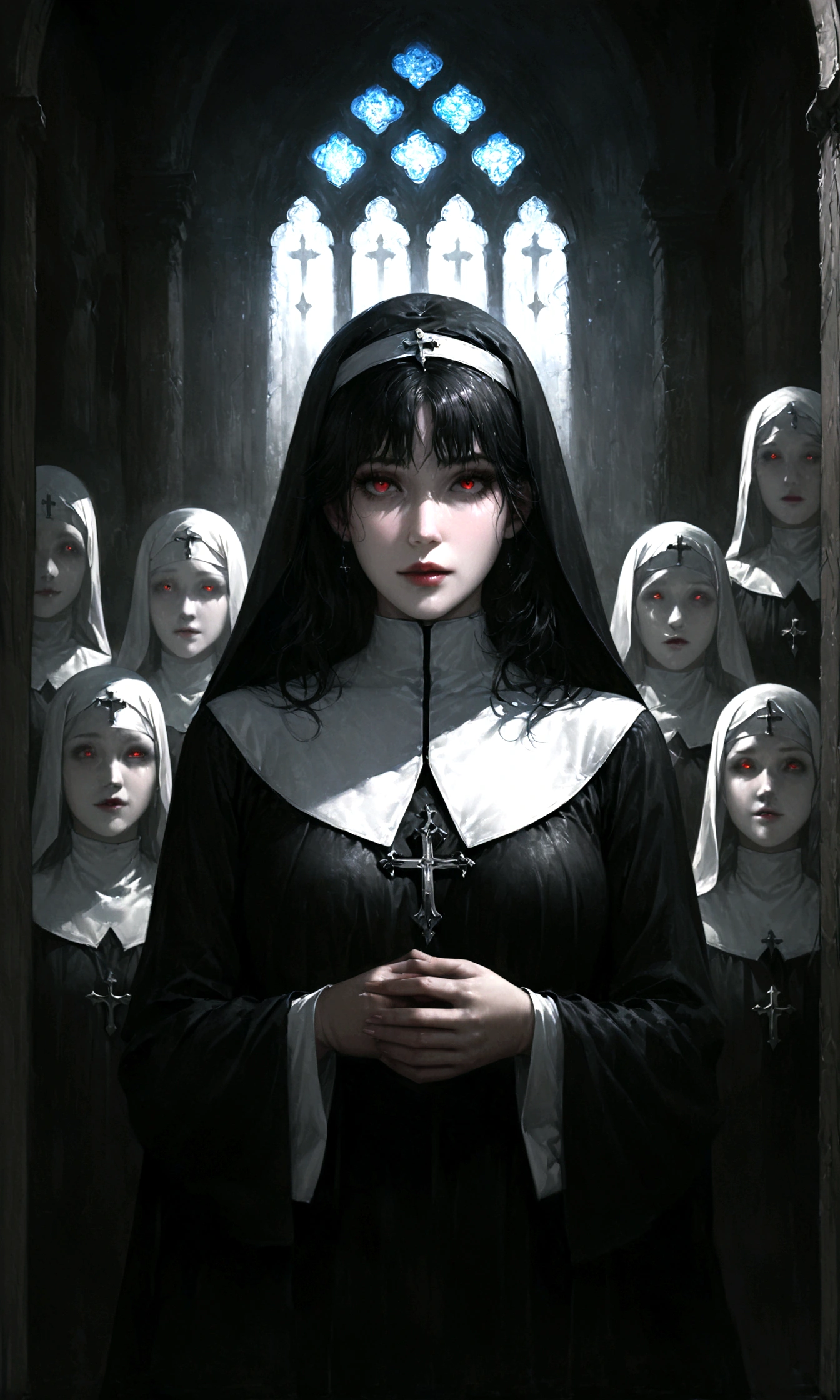 (high quality, Realistic, ultra detailed),blood nun,dark and gloomy atmosphere,old church with biblical windows,beautiful woman with piercing red eyes,1woman surrounded by ethereal spirits,eternal and deep darkness,penitent ghosts,group of humanoid spirits