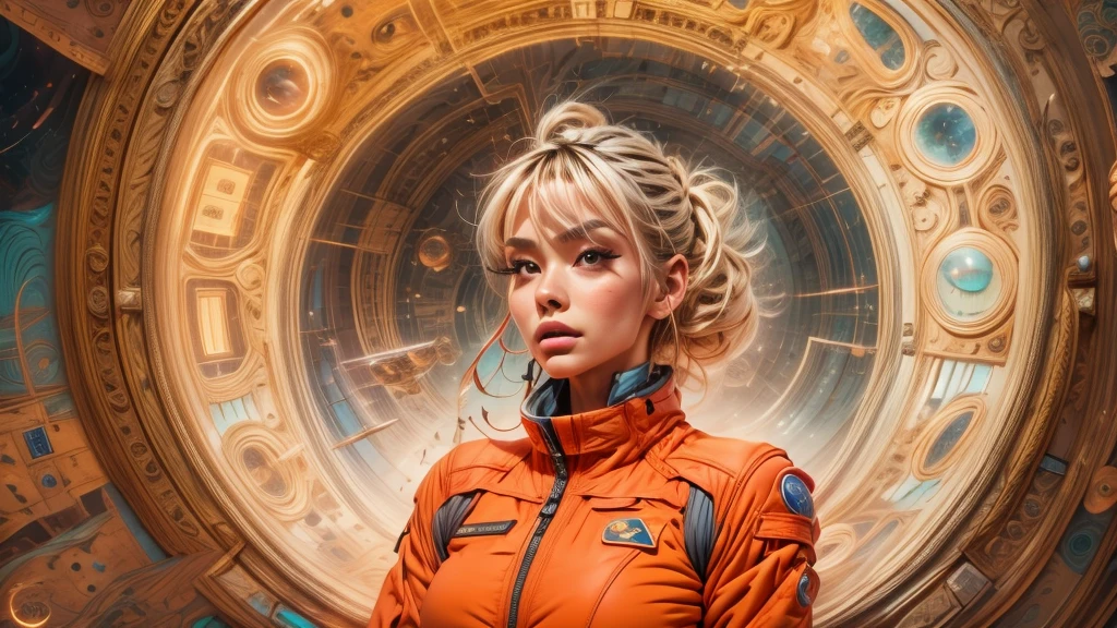 arafed image of a white woman in a futuristic suit with a spaceship in the background, movie art, in front of an orange background, inspired by Robert McGinnis, female protagonist, megastructure in the background, portrait of an ai astronaut, astronauts, an astronaut, portrait of a astronaut skeletor, perfect android girl, Highly Detailed Face and Skin Texture, Detailed Eyes, Double eyelids, perfectly detailed teeth, frank franzzeta and sakimichan  