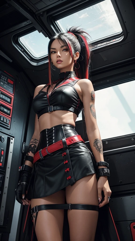 Pitite tan woman,  long raven black hair with vibrant red highlights tied up into a ponytail, tribal tattoos, tight corset top and mini skirt, lazer pistols strapped to both thighs just below the hem of her mini skirt, on a space ship, standing in front of a circular bay window, dark start view from the window 